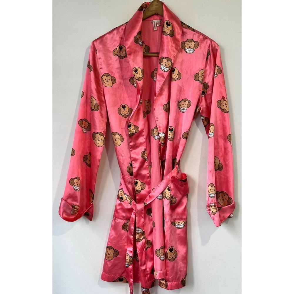 Aeropostale Robe Monkey Emoji Satin Pink Short Fun Sleepwear Womens M Excellent